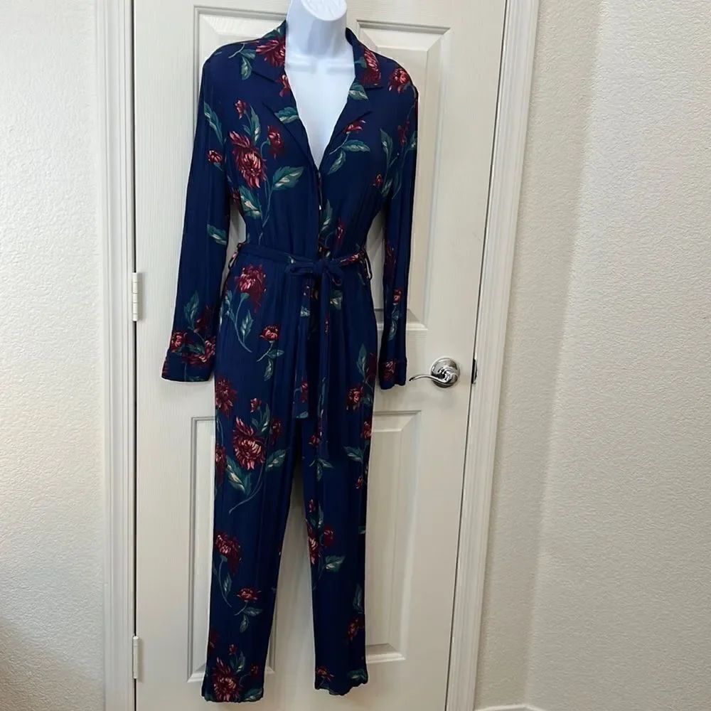 Lulus Pant Jumpsuit Size Medium V-neck Button Front Navy Blue Red Green Floral
